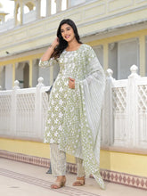 Green Floral Printed Cotton Kurta, Pant And Dupatta Set With Thread & Mirror Work-J4849GREEN_OF